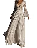 L-Peach Damen Spitze Chiffon V-Ausschnitt Langes Kleid...